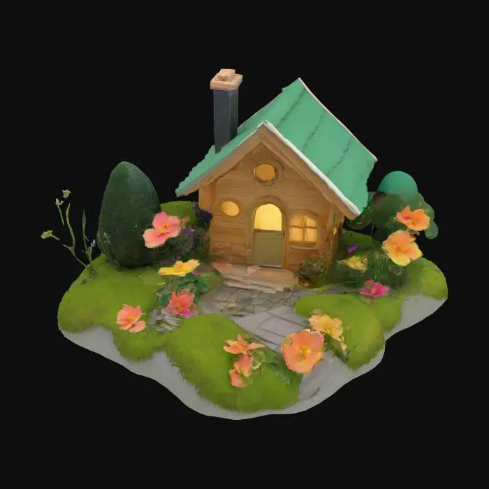 3D model for #garden#, hameau de paix , sublime , paradisiaque , petite chalet sur place magique mousseuse et fleurie enchantée