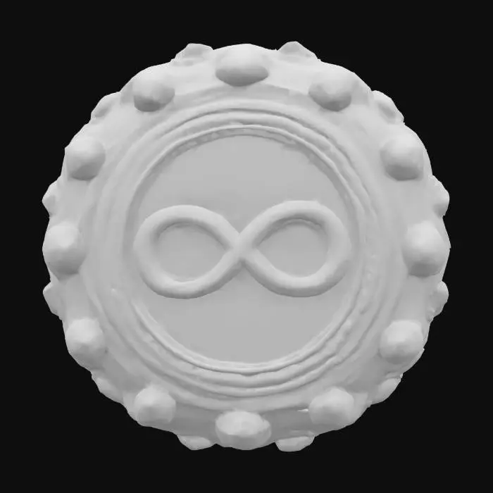 3D model for #emblem#, rounded badge , vivid colors , precious textures mix , inside there is an infinity symbol 
