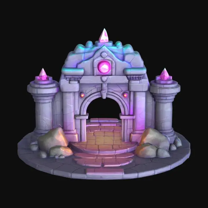 3D model for masterpiece, lowpoly, glowing magic laser mysterious mystical Stone dungeon Bunker monumental gate geometrical shapes huge chibi style legendary funny game style vivid colors, Unique Original Shape