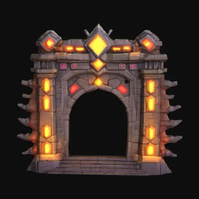 3D model for masterpiece, lowpoly, glowing magic laser mysterious mystical Stone dungeon Bunker monumental Huge Giant gate geometrical shapes huge chibi style legendary funny game style vivid colors, Unique Original Shape