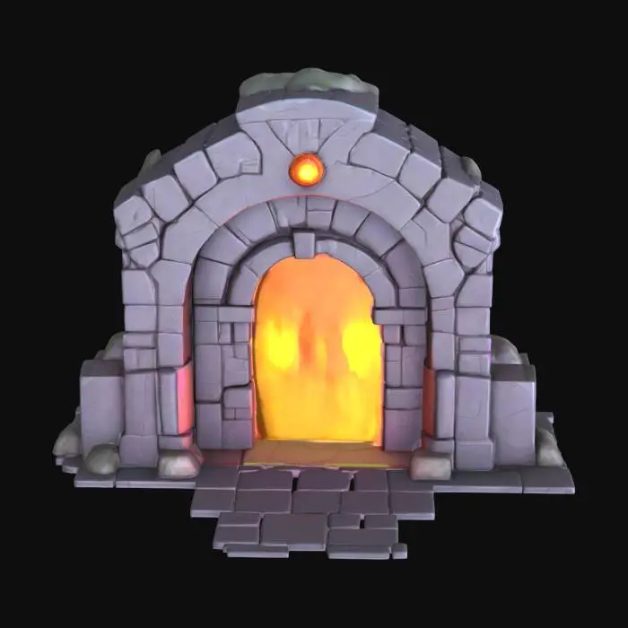 3D model for masterpiece, lowpoly, glowing magic laser mysterious mystical Stone dungeon Metal Bunker monumental Huge Giant gate geometrical shapes huge chibi style legendary funny game style vivid colors, Unique Original Shape