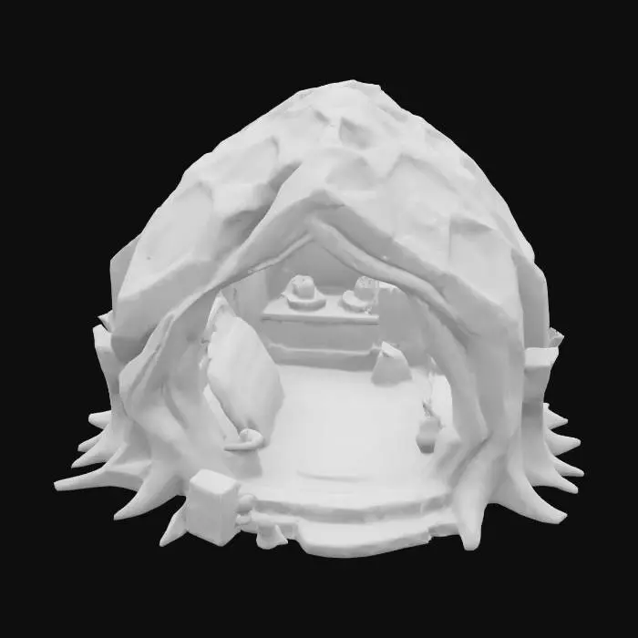 3D model for masterpiece, lowpoly, glowing magic laser mysterious mystical root wood dungeon large wood root Hut open hollow from inside geometrical shapes huge chibi style legendary funny game style vivid colors, Unique Original Shape