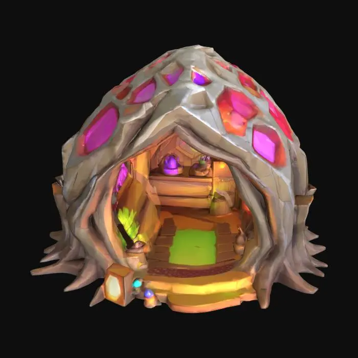 3D model for masterpiece, lowpoly, glowing magic laser mysterious mystical root wood dungeon large wood root Hut open hollow from inside geometrical shapes huge chibi style legendary funny game style vivid colors, Unique Original Shape