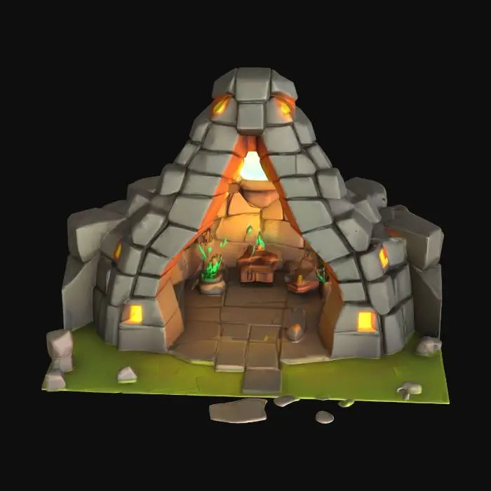 3D model for masterpiece, lowpoly, glowing magic laser mysterious mystical INCA Stone dungeon large INCA Stone Hut open hollow from inside geometrical shapes huge chibi style legendary funny game style vivid colors, Unique Original Shape
