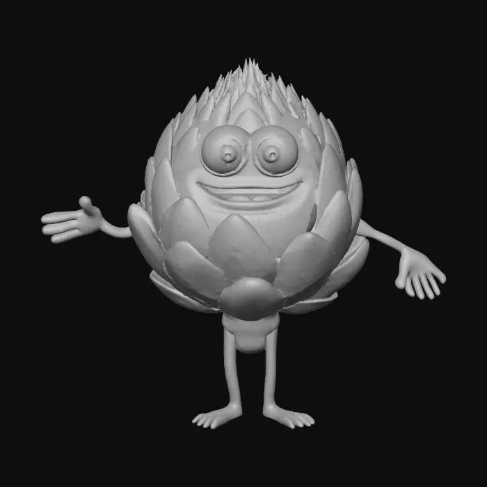 3D model for ultra réaliste, ultra détaillé, toutes les textures sont bien éclairés et lumineuse, couleurs ultra cartoonisés, c'est un artichaud anthropomorphe , il a des gros yeux débile, il a deux bras et deux jambes , il se tient debout sur ses deux jambes