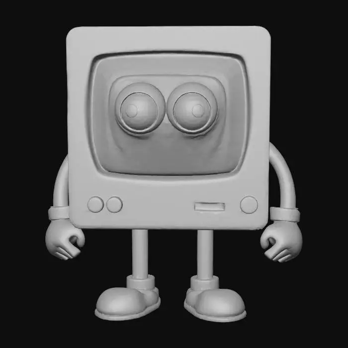 3D model for lowpoly, ultra détaillé, toutes les textures sont bien éclairés et lumineuse, couleurs ultra cartoonisés, c'est un ancien ordinateur windows XP Professionel il est anthropomorphe , il a des gros yeux débile, il a deux bras et deux jambes , il se tient debout sur ses deux jambes