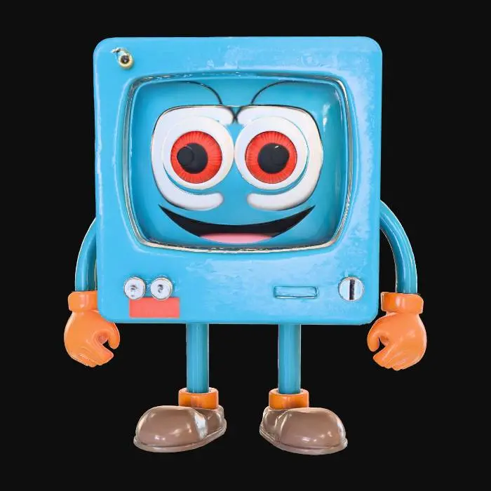 3D model for lowpoly, ultra détaillé, toutes les textures sont bien éclairés et lumineuse, couleurs ultra cartoonisés, c'est un ancien ordinateur windows XP Professionel il est anthropomorphe , il a des gros yeux débile, il a deux bras et deux jambes , il se tient debout sur ses deux jambes