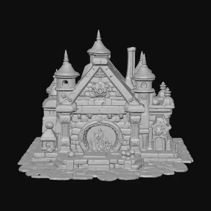 3D model for warcraft dwarfen forge , glowing parts, Huge, flat game design style