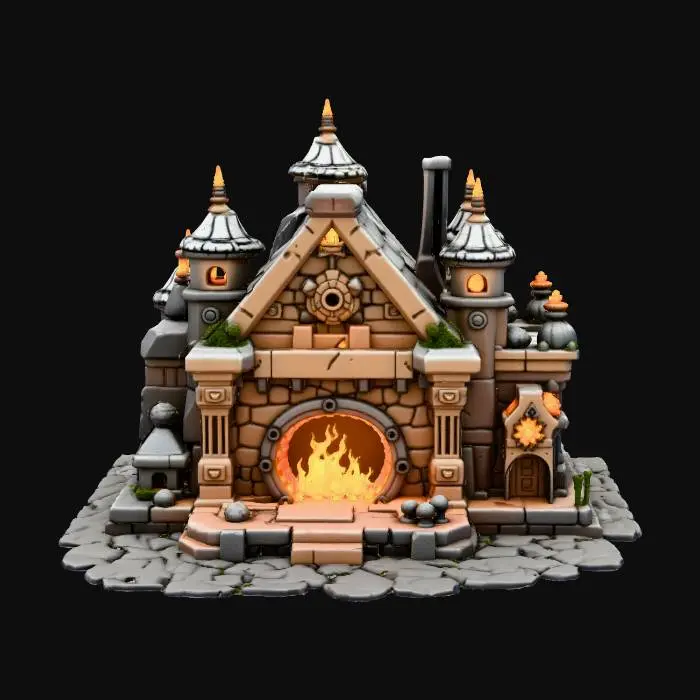 3D model for warcraft dwarfen forge , glowing parts, Huge, flat game design style