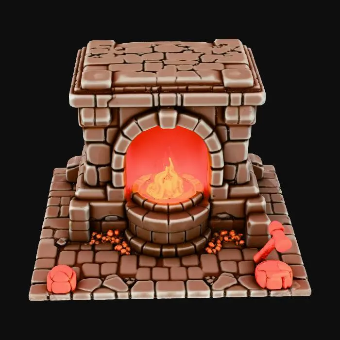 3D model for warcraft dwarfen forge , glowing parts, Huge, flat game design style