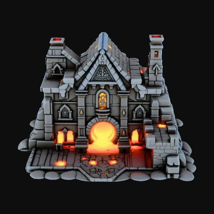 3D model for warcraft dwarfen forge , glowing parts, Huge, flat game design style