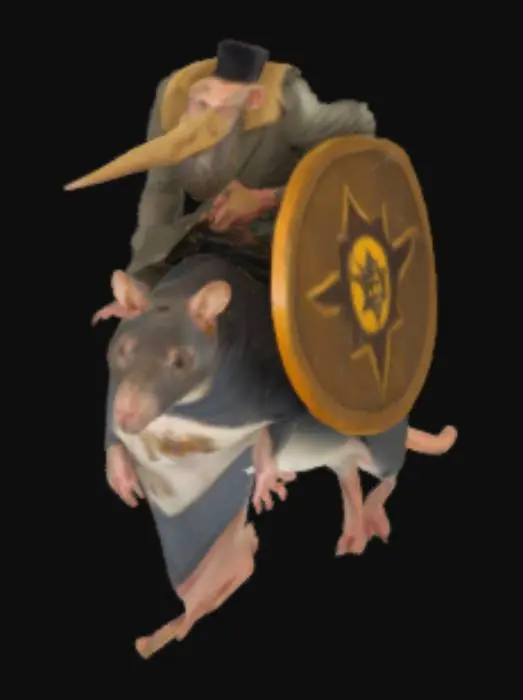 3D model for extremely long nose man riding a comically large rat, holding the star of david shield
