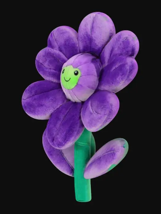3D model for cute purple flower toy with 6 petals, plushy, soft, on stem with 2 leaves