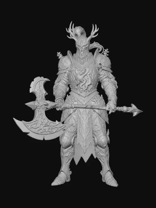3D model for creami un cavaliere con un ascia gigante, con un armatura magnifica e scintilante dove lui ha lelemento della "vita" e ha uno stemma di una chimera nel petto