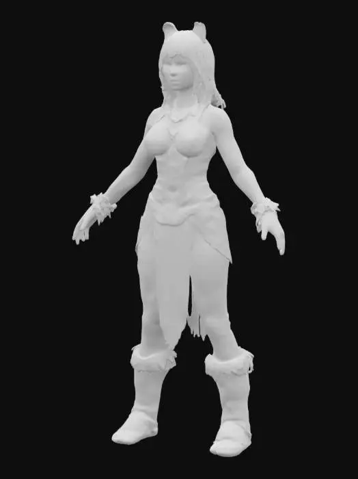 3D model for  [Ultra Definition] Humanoid  scultural and sexy leopard woman, very shaped, like Cheetara of Tundercats, in "A-Pose", long hairs, barbarian clothes, blondie hair, green eyes, lightly tanned skin [High detail].
