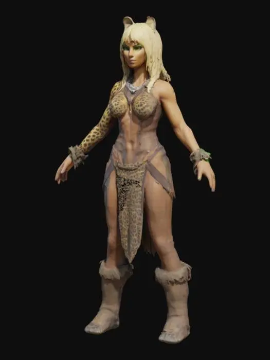 3D model for  [Ultra Definition] Humanoid  scultural and sexy leopard woman, very shaped, like Cheetara of Tundercats, in "A-Pose", long hairs, barbarian clothes, blondie hair, green eyes, lightly tanned skin [High detail].