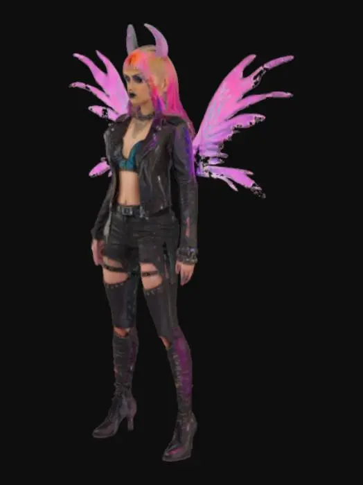 3D model for A highly detailed modern fairy with rebellious 80s rock-inspired attire—leather jacket, ripped leggings, and studded accessories. Her ethereal wings shimmer with neon hues, blending mysticism with urban grit. Inspired by The Sorcerer’s Apprentice and Shadowhunters, she wields arcane tattoos glowing under city lights. Her punk makeup and fierce gaze exude both enchantment and defiance. Ultra-detailed, cinematic, and hyper-realistic.
