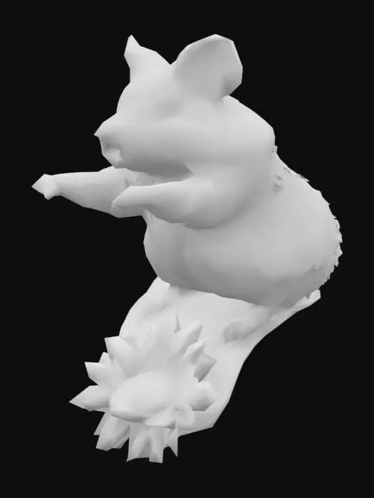 3D model for 해바라기 씨 모양의 서핑보드를 두 발로 타고 있는 역동적인 자세의 이족보행 햄스터를 현실적으로. 털이 살짝 휘날리게 디테일한 질감으로 만들어줘