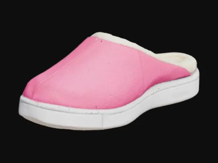 3D model for Create a detailed 3D model of a classic mom's slipper in a bright pink color. The slipper should have a soft, velvety texture, a slightly curved toe, and a cushioned sole with a light gray bottom. Include a fluffy cream-colored interior lining for comfort and add small wear marks, like a scuff on the heel, for a realistic touch. Keep the design cozy and nostalgic.