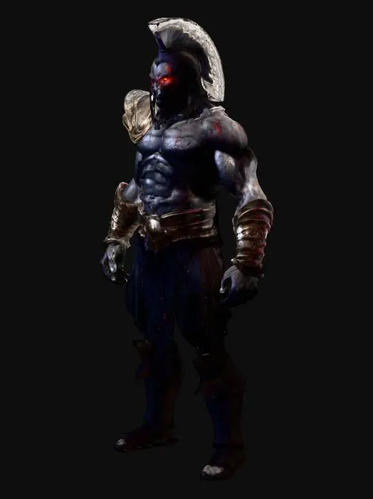3D model for A colossal warrior inspired by hercules beserker from Fate/Stay Night, towering athletic build, dark gray skin with scars, glowing red eyes, wild extremely long unkempt wavy black hair, wearing tattered ancient Greek-style armor fused with dark fantasy metal plating, exudes overwhelming power and rage, brutal aura of destruction, mythological yet anime-stylized, highly detailed, dramatic lighting, cinematic dark fantasy atmosphere. arms out in a t-pose