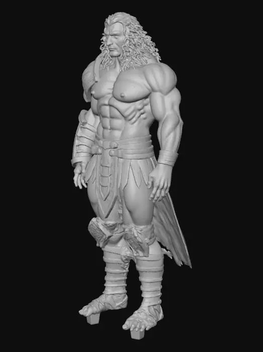3D model for A colossal warrior inspired by hercules beserker from Fate/Stay Night, towering athletic build, dark gray skin with scars, glowing red eyes, wild extremely long unkempt wavy black hair, wearing tattered ancient Greek-style armor fused with dark fantasy metal plating, exudes overwhelming power and rage, brutal aura of destruction, mythological yet anime-stylized, highly detailed, dramatic lighting, cinematic dark fantasy atmosphere. arms out in a t-pose