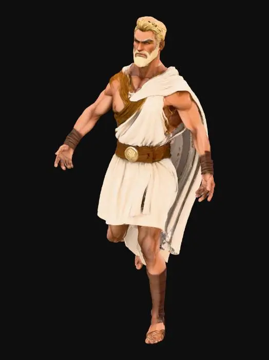 3D model for *"Create a heroic male character. He is 7 feet 10 inches tall with a massive, muscular physique proportions but more exaggerated for height and strength. His skin is a deep rich dark brown tone, with smooth highlights that reflect strength and vitality. His hair is long, thick, wooly, and golden, flowing down to his mid-back.

He is wearing a simple, plain ancient Greek tunic made of white linen with slight battle wear, torn at the edges, cinched at the waist by a rugged leather belt. His forearms are bare and muscular. His legs are wrapped in leather sandals with straps up to the calves. Add pbr and hyper realistic tones and aesthetics