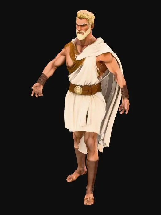 3D model for *"Create a heroic male character. He is 7 feet 10 inches tall with a massive, muscular physique proportions but more exaggerated for height and strength. His skin is a deep rich dark brown tone, with smooth highlights that reflect strength and vitality. His hair is long, thick, wooly, and golden, flowing down to his mid-back.

He is wearing a simple, plain ancient Greek tunic made of white linen with slight battle wear, torn at the edges, cinched at the waist by a rugged leather belt. His forearms are bare and muscular. His legs are wrapped in leather sandals with straps up to the calves. Add pbr and hyper realistic tones and aesthetics