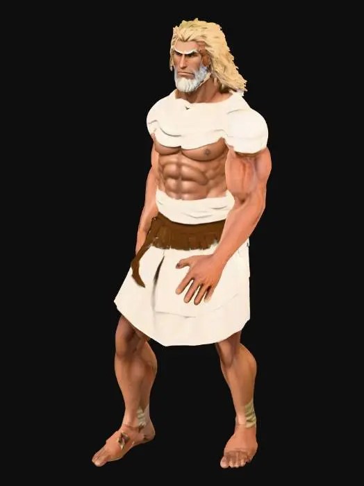 3D model for *"Create a heroic male character. He is 7 feet 10 inches tall with a massive, muscular physique proportions but more exaggerated for height and strength. His skin is a deep rich dark brown tone, with smooth highlights that reflect strength and vitality. His hair is long, thick, wooly, and golden, flowing down to his mid-back.

He is wearing a simple, plain ancient Greek tunic made of white linen with slight battle wear, torn at the edges, cinched at the waist by a rugged leather belt. His forearms are bare and muscular. His legs are wrapped in leather sandals with straps up to the calves. Add pbr and hyper realistic tones and aesthetics in classic t pose to show all parts easily