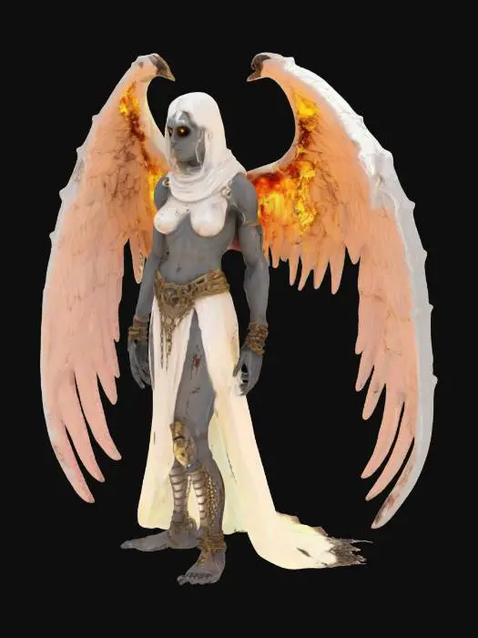 3D model for Элизиум, Последний Ангел
- Образ: Ангел с обожжёнными крыльями и цепями вместо глаз. Оковы на руках и ногах проткненный алибардой. Доспехи из обломков храма.  
- Детали: Из ран сочится светящаяся кровь.  
- Цвета: Белый, золото, копоть.