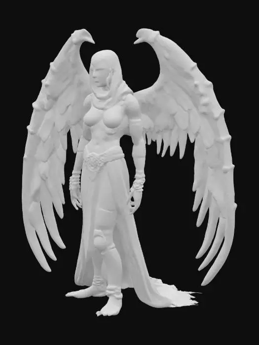 3D model for Элизиум, Последний Ангел
- Образ: Ангел с обожжёнными крыльями и цепями вместо глаз. Оковы на руках и ногах проткненный алибардой. Доспехи из обломков храма.  
- Детали: Из ран сочится светящаяся кровь.  
- Цвета: Белый, золото, копоть.