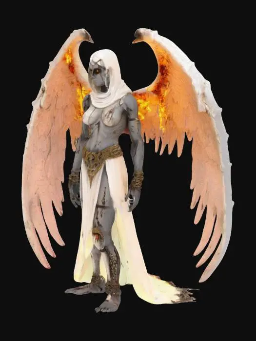3D model for Элизиум, Последний Ангел
- Образ: Ангел с обожжёнными крыльями и цепями вместо глаз. Оковы на руках и ногах проткненный алибардой. Доспехи из обломков храма.  
- Детали: Из ран сочится светящаяся кровь.  
- Цвета: Белый, золото, копоть.