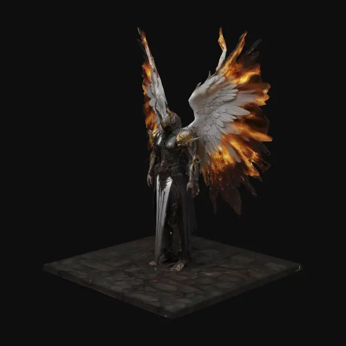 3D model for Элизиум, Последний Ангел
- Образ: Ангел с обожжёнными крыльями и цепями вместо глаз. Оковы на руках и ногах проткненный алибардой. Доспехи из обломков храма.  
- Детали: Из ран сочится светящаяся кровь.  
- Цвета: Белый, золото, копоть.