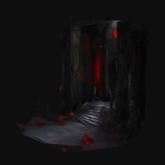 3D model for Первый этаж 100-этажной Башни Тьмы служит введением в мрачный и загадочный мир башни. Этаж 1 — это испытание на прочность
Архитектура и атмосфера:
Вход: Игроки попадают на этаж через массивные черные ворота, украшенные древними рунами, которые светятся тусклым красным светом. Ворота медленно открываются, издавая скрип, и за ними открывается просторный зал.Элементы окружения:

Статуи: По бокам зала стоят массивные каменные статуи, изображающие древних воинов или демонов. Их глаза светятся красным, и кажется, что они следят за каждым вашим движением.
Ловушки: На полу разбросаны ловушки, такие как скрытые ямы, шипы и капканы. Они активируются при неосторожном движении.
Сундуки: В углах зала можно найти сундуки с базовыми предметами, такими как зелья здоровья, оружие или броня. 