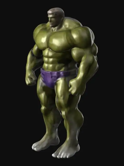 3D model for Create a 3D model of the Hulk, showcasing his immense strength and power. The character should be highly detailed, with a muscular, towering physique, vibrant green skin, and a fierce expression. Add intricate details like visible veins, realistic skin texture, and rips in his iconic torn purple pants. Place him in a dynamic pose, such as mid-roar or preparing to smash the ground, with dirt and debris scattering around him for dramatic effect. Surround him with a cityscape background,