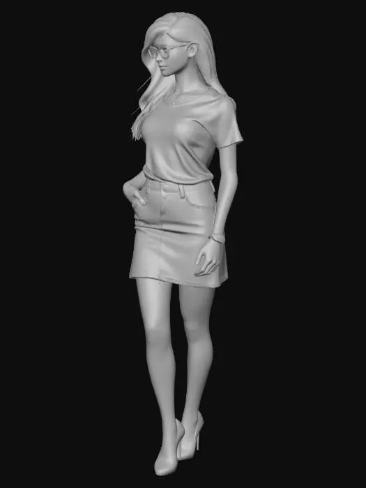 3D model for 3D-модель молодой женщины в повседневном, слегка дерзком наряде. На ней черная, облегающая футболка с одним открытым плечом из мягкого трикотажа, светло-серая джинсовая мини-юбка прямого кроя. Образ дополнен черным ремнем с серебряной пряжкой, черной сумкой через плечо и черными ботинками на шнуровке с белыми носками. У модели длинные темные волосы, очки и простое серебряное ожерелье. Освещение мягкое студийное, с небольшими тенями.