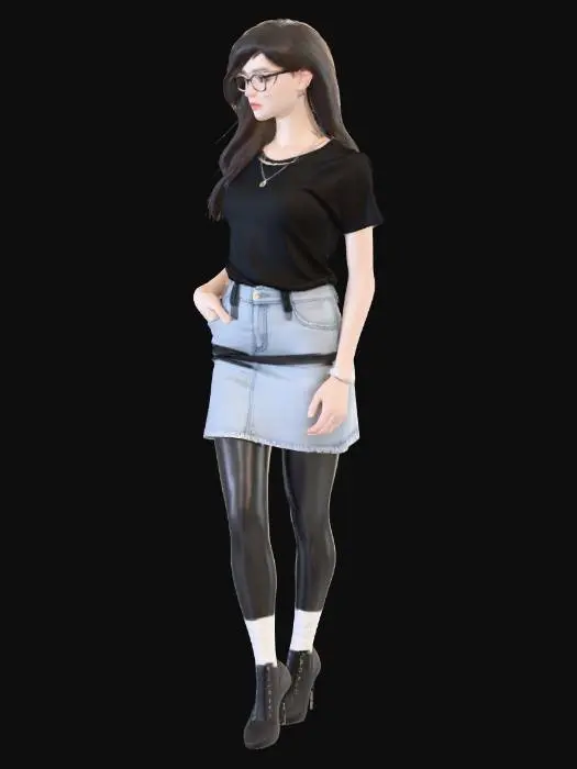 3D model for 3D-модель молодой женщины в повседневном, слегка дерзком наряде. На ней черная, облегающая футболка с одним открытым плечом из мягкого трикотажа, светло-серая джинсовая мини-юбка прямого кроя. Образ дополнен черным ремнем с серебряной пряжкой, черной сумкой через плечо и черными ботинками на шнуровке с белыми носками. У модели длинные темные волосы, очки и простое серебряное ожерелье. Освещение мягкое студийное, с небольшими тенями.