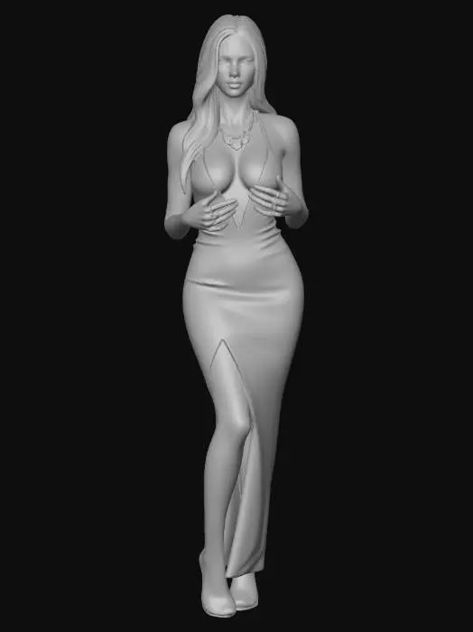 3D model for 3D-модель стройной женщины с длинными светлыми волосами, позирующей в смелом черном платье с глубоким вырезом и открытыми боками. Платье из гладкой, эластичной ткани имеет тонкие бретели и металлическое украшение в виде бабочки на шее. На модели несколько колец на пальцах и пирсинг пупка. Освещение студийное, яркое, без резких теней, подчеркивающее контуры тела. Фотореалистичная 3D-модель высокого разрешения