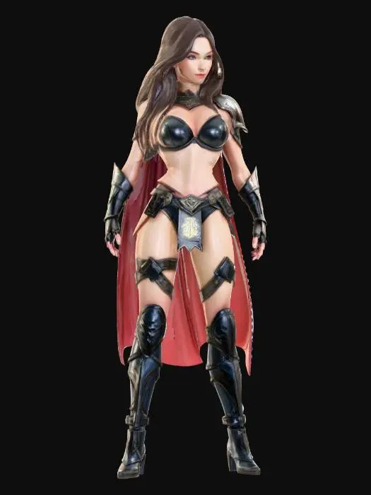 3D model for Realistic female fantasy warrior character, full body, epic heroic pose.
Body: athletic feminine body, toned muscles, strong legs and core, realistic anatomy, elegant but powerful silhouette.
Face: beautiful realistic female face, sharp but natural features, confident and fearless expression, focused gaze, slightly parted lips, realistic skin with pores and subtle imperfections.
Hair: Long flowing hair dark brown, slightly wind-swept, dynamic strand, high detail hair geometry.
Bikini-style armor fantasy design