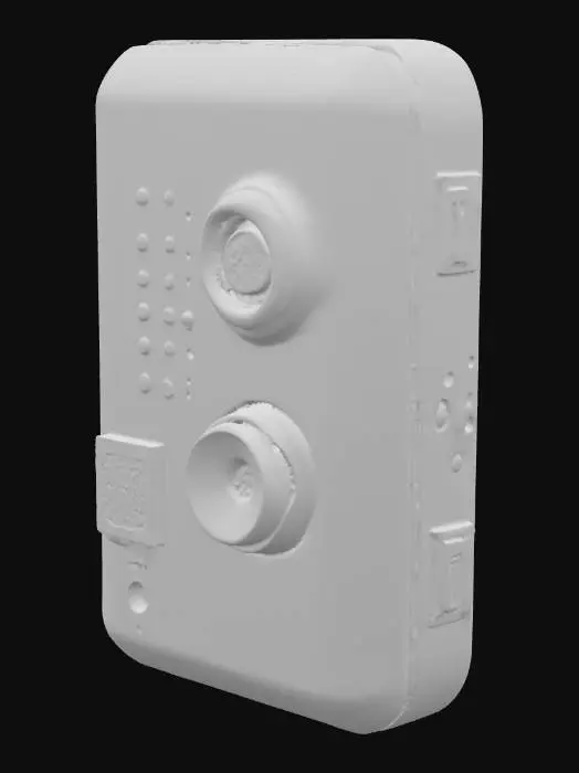 3D model for Modern smart gas alarm controller housing, rectangular cuboid shape with rounded edges. White, smooth ABS plastic material. Front side with multiple small circular LED indicator holes and a speaker grille mesh. Top side has one protruding circular self-test button and one manual valve switch button. Back side has mounting brackets and ports.