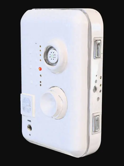 3D model for Modern smart gas alarm controller housing, rectangular cuboid shape with rounded edges. White, smooth ABS plastic material. Front side with multiple small circular LED indicator holes and a speaker grille mesh. Top side has one protruding circular self-test button and one manual valve switch button. Back side has mounting brackets and ports.