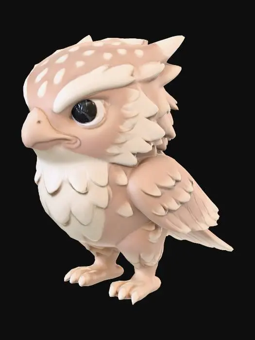 3D model for Sleek hawk-inspired chibi griffin, soft beige and cream color palette, smooth stylized feathers with no fur, compact raptor body, large forward-facing hawk eyes, tiny curved hawk beak, small aerodynamic wings, short cute talons, simplified feather layers, rounded chibi proportions, clean shapes, minimal textures, soft matte shading. Designed for 3D model generation, viewed in neutral lighting, full-body character, clean silhouette, no background.