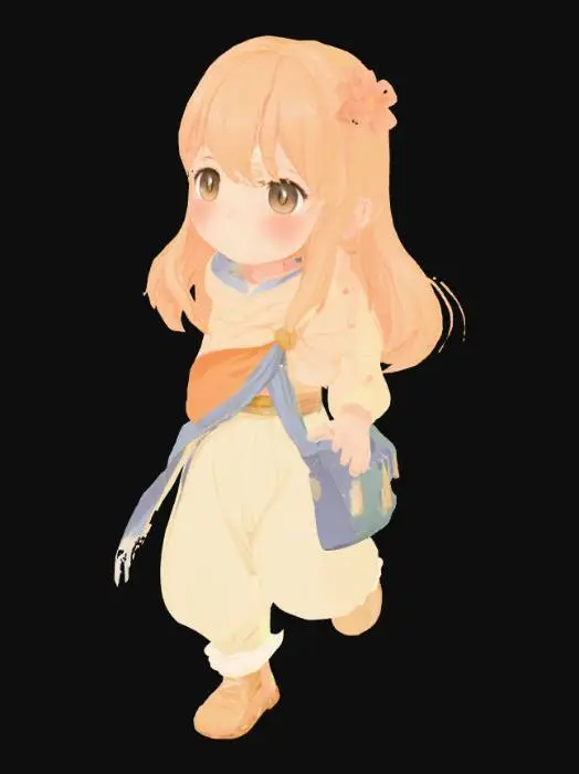 3D model for A humanoid AI assistant character designed for children with cerebral palsy, in the soft, magical style of a Studio Ghibli film. She has a gentle, rounded face with no blush and a sweet, comforting smile. Her eyes radiate warmth and kindness. Her hair flows softly, with a natural and airy look. She wears a fantasy-inspired outfit made of soft fabrics, in pastel or earth tones such as green, sky blue, or cream. Her body is naturally posed, with arms and legs slightly apart (not stiff or held together). She does not have wings. The character should feel grounded, magical, nurturing, and full of gentle energy—like a caring guide or friend from a Ghibli movie who brings peace and support to children.