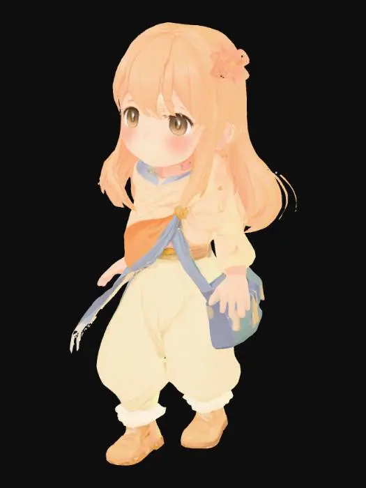3D model for A humanoid AI assistant character designed for children with cerebral palsy, in the soft, magical style of a Studio Ghibli film. She has a gentle, rounded face with no blush and a sweet, comforting smile. Her eyes radiate warmth and kindness. Her hair flows softly, with a natural and airy look. She wears a fantasy-inspired outfit made of soft fabrics, in pastel or earth tones such as green, sky blue, or cream. Her body is naturally posed, with arms and legs slightly apart (not stiff or held together). She does not have wings. The character should feel grounded, magical, nurturing, and full of gentle energy—like a caring guide or friend from a Ghibli movie who brings peace and support to children.