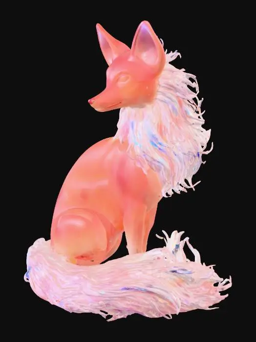 3D model for A majestic celestial fox, its body crafted from translucent red glass that softly glows from within. Nine lovely, flowing tails extend gracefully, each shimmering with embedded silver stardust across its surface. The ethereal structure is infused with swirling galaxy colors, showcasing deep blues, purples, and pinks that appear to move fluidly. Numerous pretty, multifaceted gems are elegantly set into its glassy hide, reflecting light and enhancing its enchanting and smooth tactile texture.