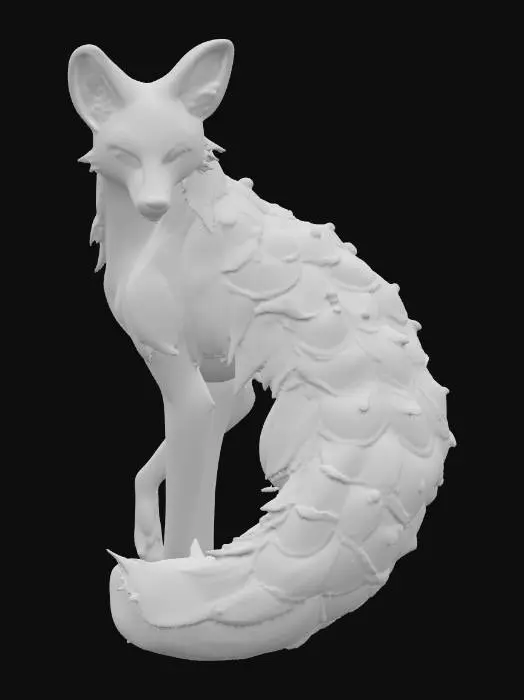 3D model for A majestic celestial fox, its body crafted from translucent red glass that softly glows from within. Nine lovely, flowing tails extend gracefully, each shimmering with embedded silver stardust across its surface. The ethereal structure is infused with swirling galaxy colors, showcasing deep blues, purples, and pinks that appear to move fluidly. Numerous pretty, multifaceted gems are elegantly set into its glassy hide, reflecting light and enhancing its enchanting and smooth tactile texture.