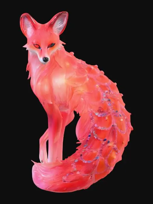 3D model for A majestic celestial fox, its body crafted from translucent red glass that softly glows from within. Nine lovely, flowing tails extend gracefully, each shimmering with embedded silver stardust across its surface. The ethereal structure is infused with swirling galaxy colors, showcasing deep blues, purples, and pinks that appear to move fluidly. Numerous pretty, multifaceted gems are elegantly set into its glassy hide, reflecting light and enhancing its enchanting and smooth tactile texture.