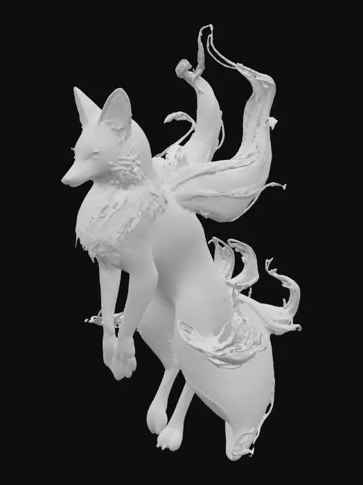 3D model for A majestic celestial fox, its body crafted from translucent red glass that softly glows from within. Nine lovely, flowing tails extend gracefully, each shimmering with embedded silver stardust across its surface. The ethereal structure is infused with swirling galaxy colors, showcasing deep blues, purples, and pinks that appear to move fluidly. Numerous pretty, multifaceted gems are elegantly set into its glassy hide, reflecting light and enhancing its enchanting and smooth tactile texture.