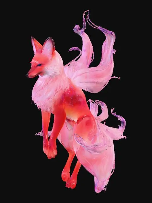 3D model for A majestic celestial fox, its body crafted from translucent red glass that softly glows from within. Nine lovely, flowing tails extend gracefully, each shimmering with embedded silver stardust across its surface. The ethereal structure is infused with swirling galaxy colors, showcasing deep blues, purples, and pinks that appear to move fluidly. Numerous pretty, multifaceted gems are elegantly set into its glassy hide, reflecting light and enhancing its enchanting and smooth tactile texture.