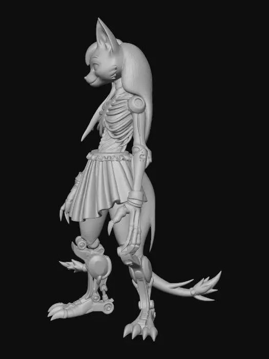 3D model for A detailed grayscale pencil sketch of a stylized anthropomorphic creature, presenting a vertical split design. The left half depicts a soft, cartoonish feline or vulpine character with long hair, wearing a short pleated skirt and banded thigh-high elements, appearing plush. The right half exposes a menacing, intricate metallic endoskeleton with visible joints, sharp rib-like structures, a skeletal arm, and spiky armored leg plating. Both oversized feet are mechanical, featuring sharp, animatronic claws, blending organic softness with menacing robotics.