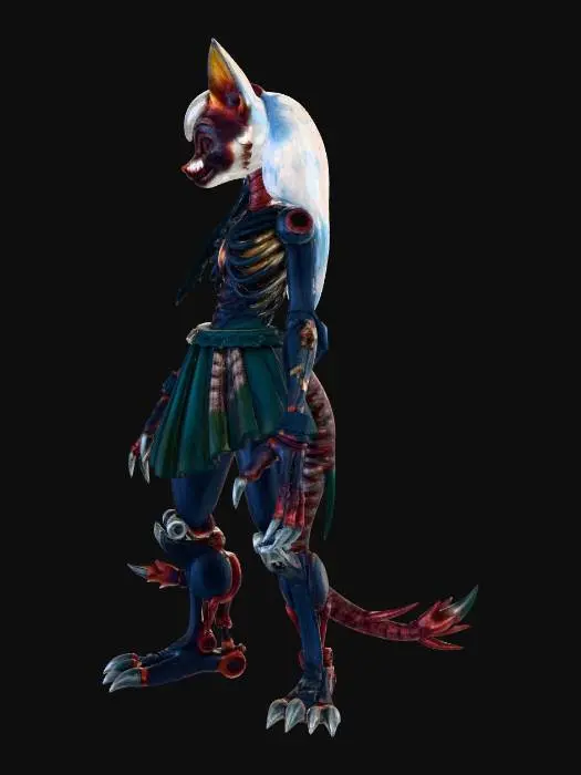 3D model for A detailed grayscale pencil sketch of a stylized anthropomorphic creature, presenting a vertical split design. The left half depicts a soft, cartoonish feline or vulpine character with long hair, wearing a short pleated skirt and banded thigh-high elements, appearing plush. The right half exposes a menacing, intricate metallic endoskeleton with visible joints, sharp rib-like structures, a skeletal arm, and spiky armored leg plating. Both oversized feet are mechanical, featuring sharp, animatronic claws, blending organic softness with menacing robotics.